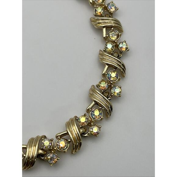 Vintage Aurora Borealis Rhinestone Choker Necklace Gold Tone Art Deco 15" - Picture 3 of 8